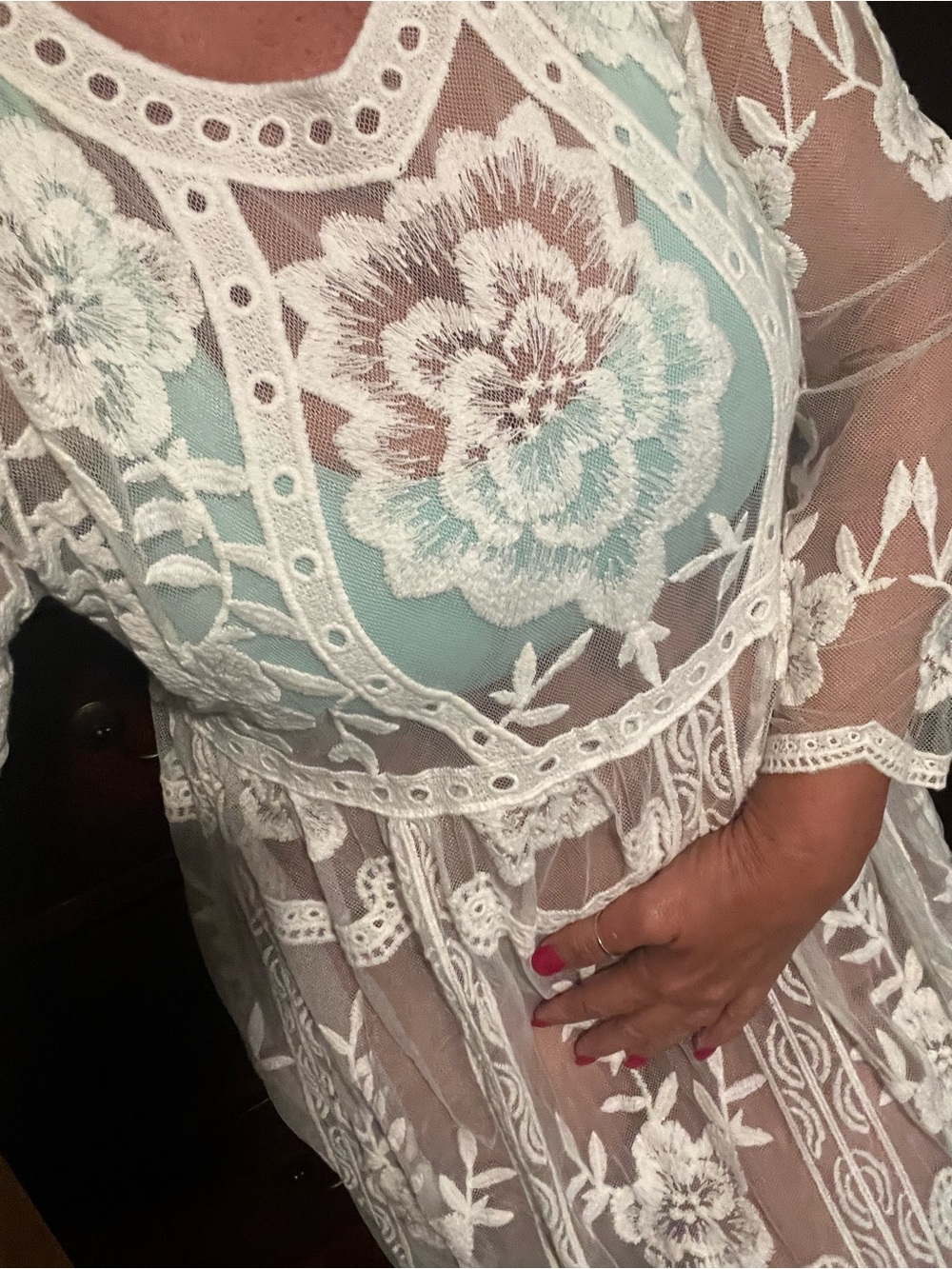 Elegant SHEER LACE Long Sleeve Lace Maxi Dress - Cream - Picture 7 of 8